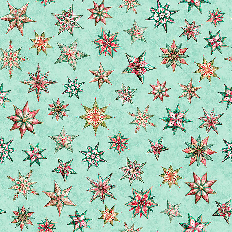 Mottled light turquoise fabric with a wide variety of tossed Christmas tree stars.