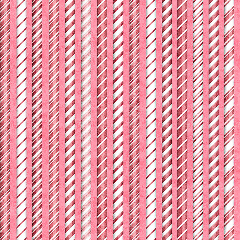 Mottled rich pink fabric with stripes of red and white candy cane designs.
