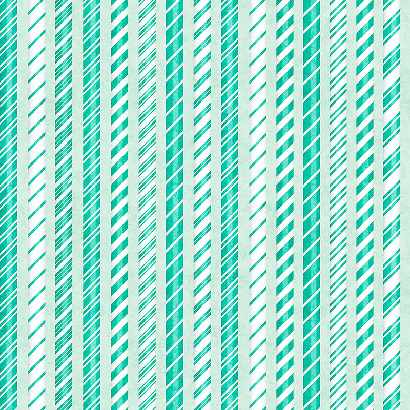 Mottled pale turquoise fabric with stripes of teal and white candy cane designs.