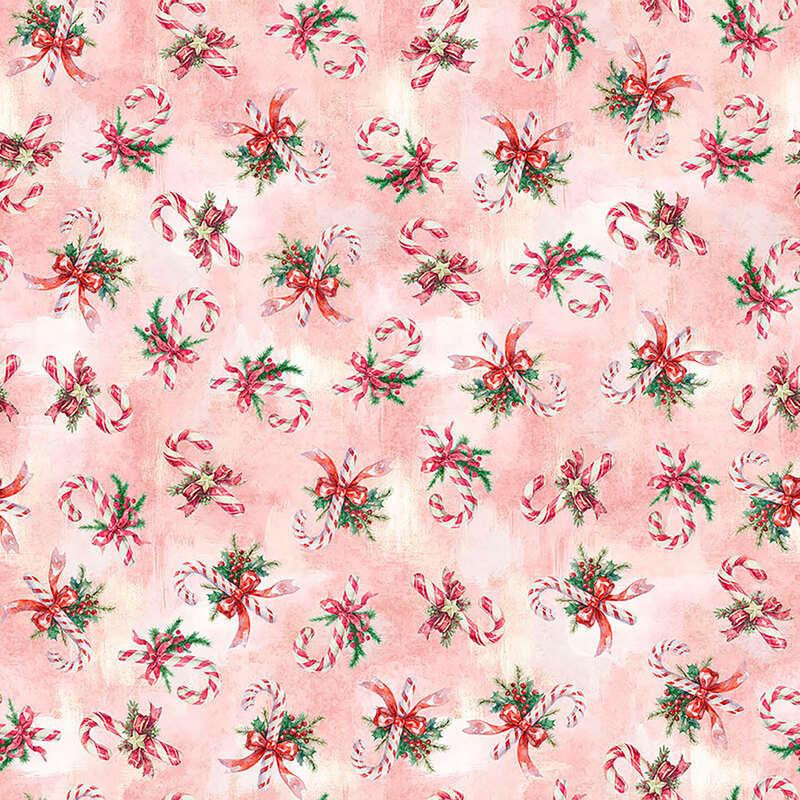 Mottled pink fabric with a festive design of tossed candy canes with sprigs of pine tied together with red bows.