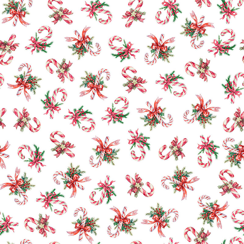 Mottled pink fabric with a festive design of tossed candy canes with sprigs of pine tied together with red bows.
