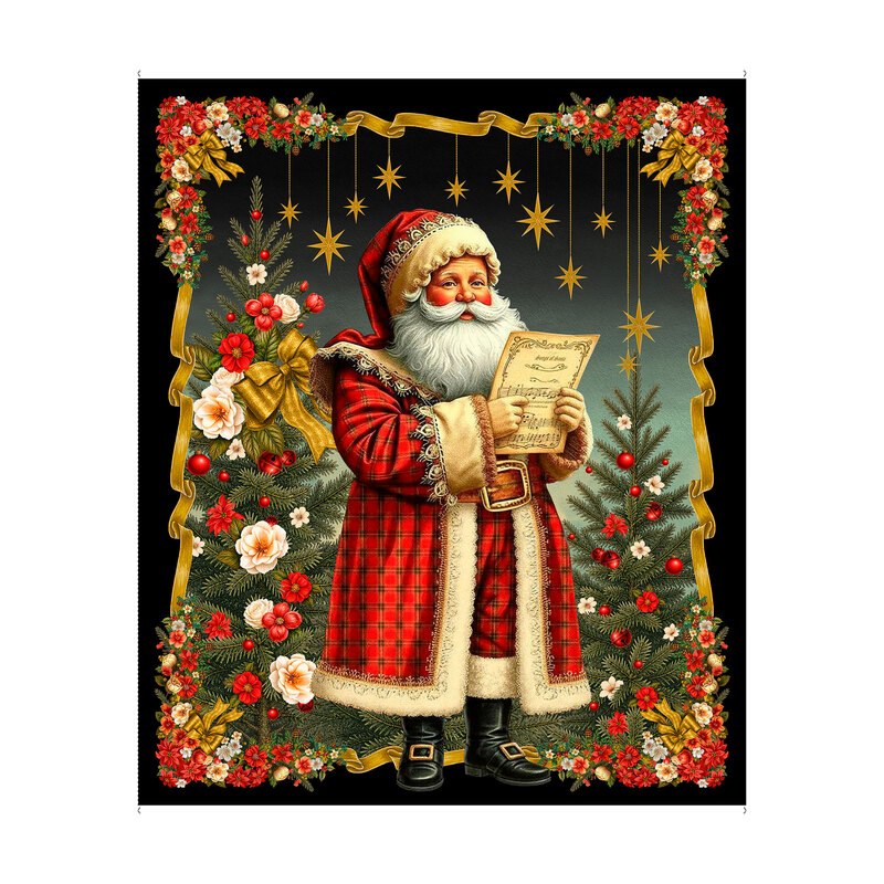 Black panel fabric with a scene of floral Christmas trees behind a singing Santa framed by gold ribbons and florals. 
