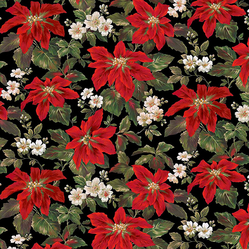 Black fabric with a leafy, botanical design of white florals and big red poinsettias.