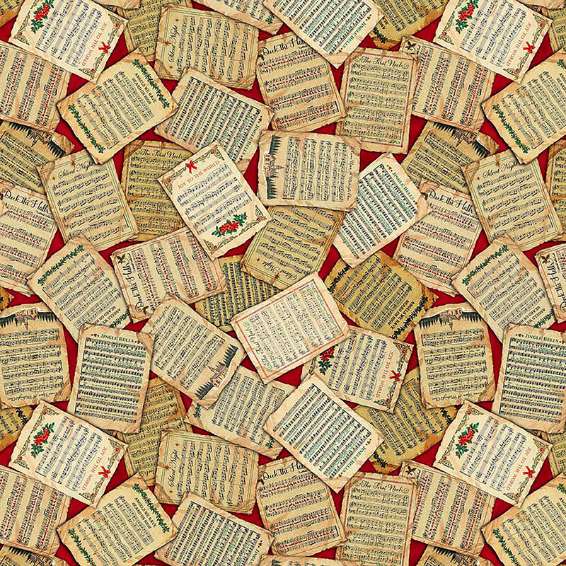 Red fabric with a dense, tossed design of yellowed Christmas music charts.