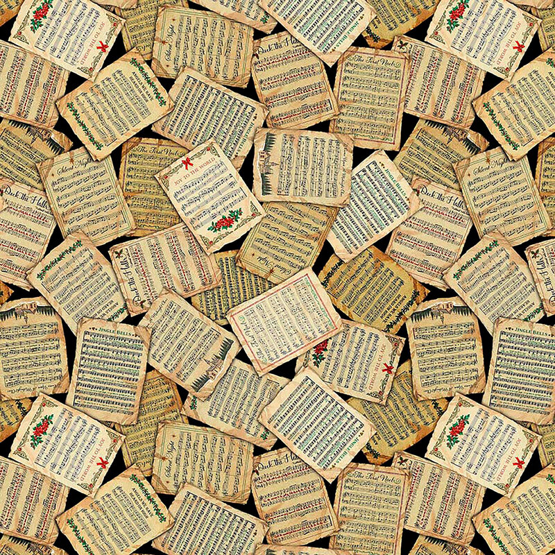 Black fabric with a dense, tossed design of yellowed Christmas music charts.