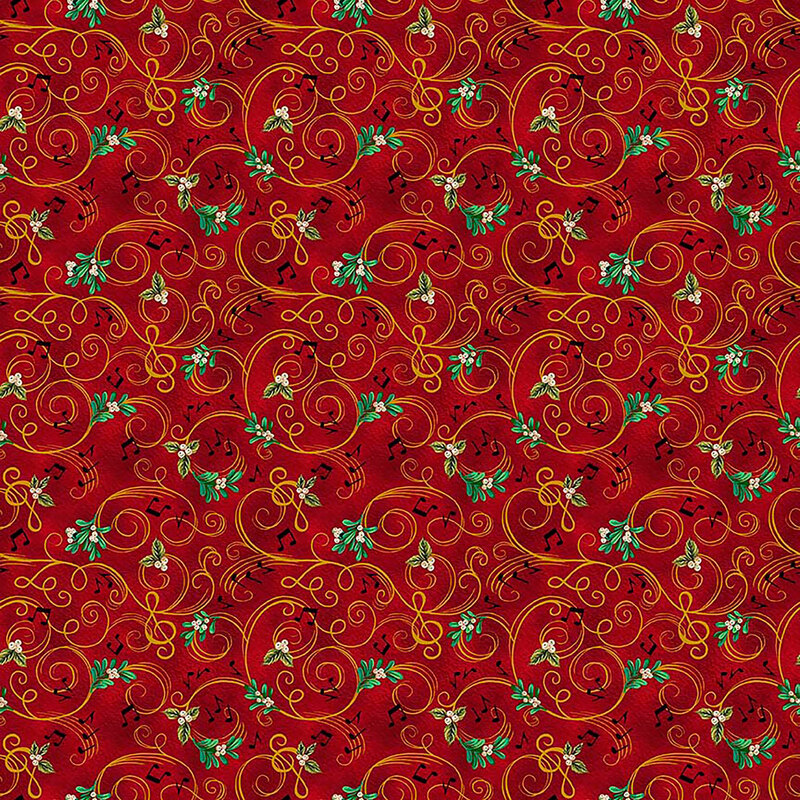 Mottled red fabric with an intricate design of gold swirling vines with holly berries and scattered music notes.