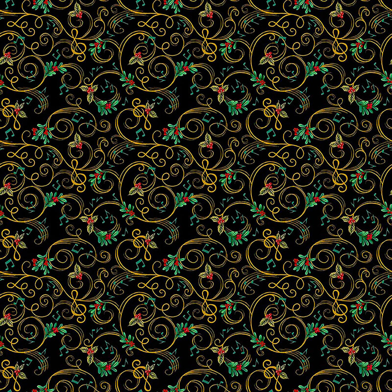 Black fabric with an intricate design of gold swirling vines with holly berries and scattered music notes.