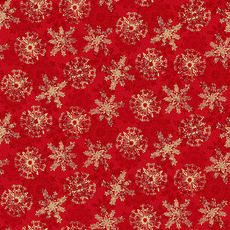 Carmine red fabric with a layered and tossed design of dark red and tan stylized snowflakes.