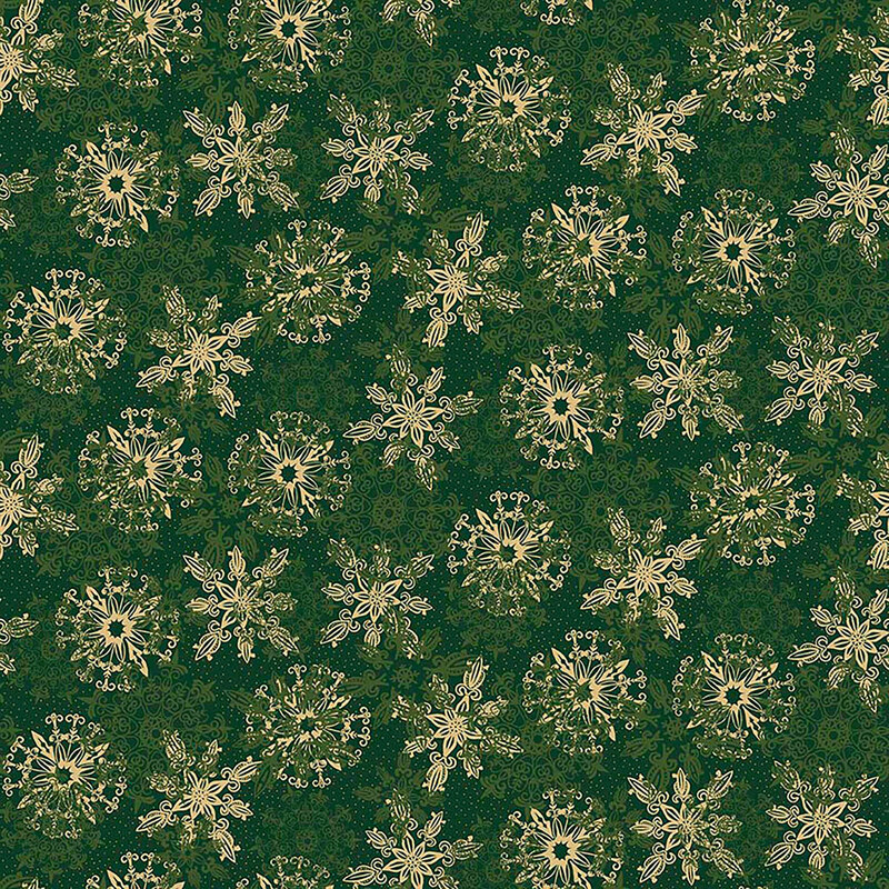 Mottled pine green fabric with a layered and tossed design of olive green and tan stylized snowflakes.