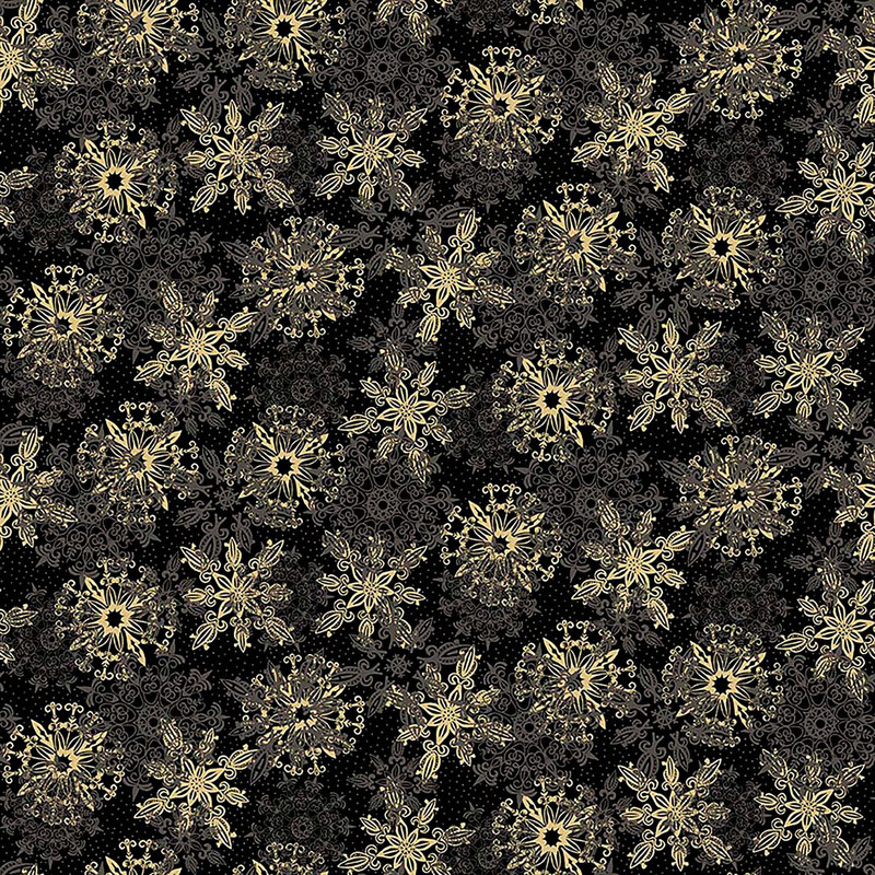 Black fabric with a layered and tossed design of gray and tan stylized snowflakes.