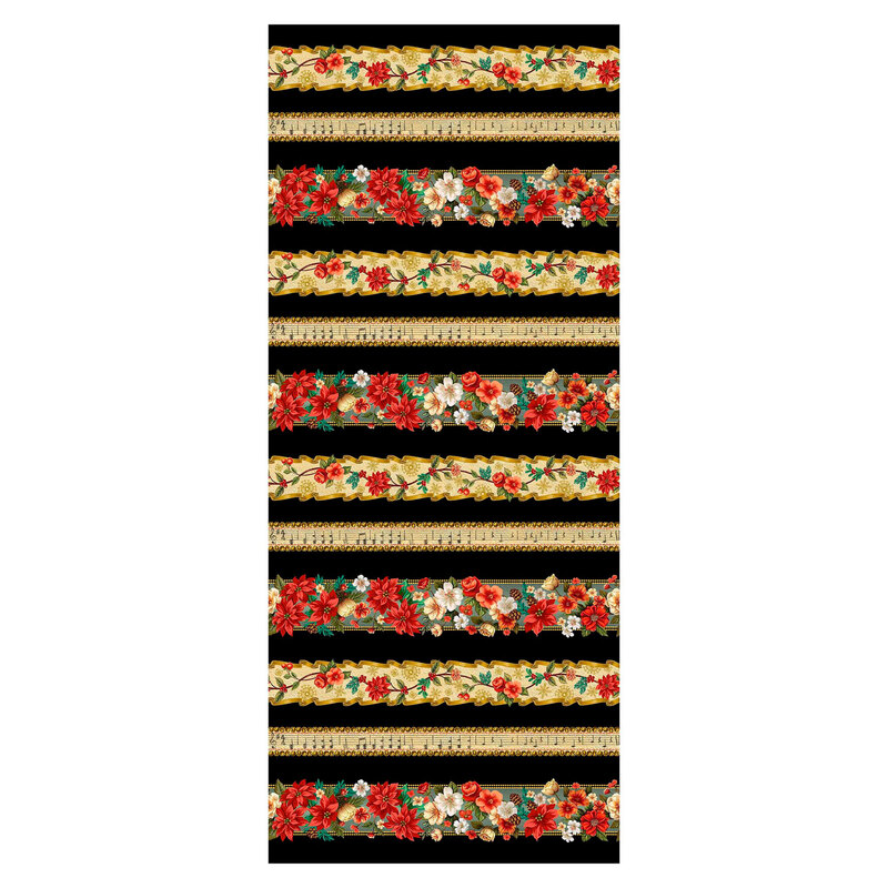 Black border stripe fabric with a repeat of red floral bunches, music measures, and floral vines.