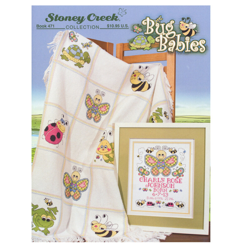 Front cover of the pattern showing completed versions of the draped afghan and framed sampler.