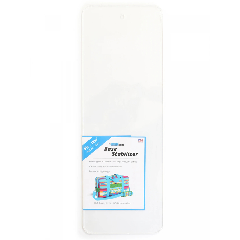 Front of ByAnnie Base Stabilizer 6½" x 18½" clear acrylic bag base insert with product label.