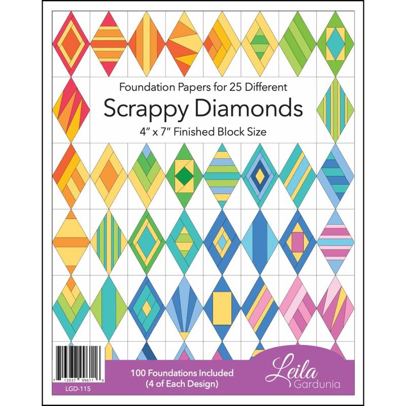 Scrappy Diamonds Foundation Pad cover featuring 25 colorful geometric diamond block designs.