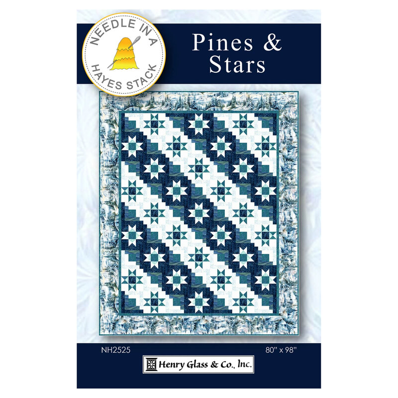 Front of the Pines & Stars pattern featuring the finished quilt.