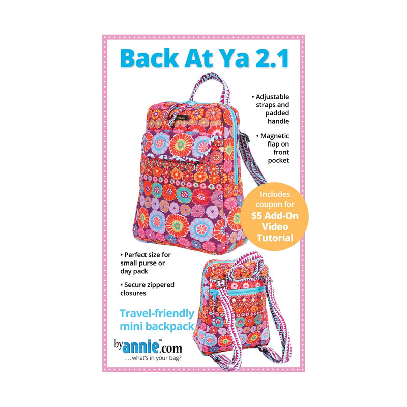 Pattern cover showing two views of a colorful floral mini backpack with adjustable straps, a padded handle, front flap pocket, and zippered closures.