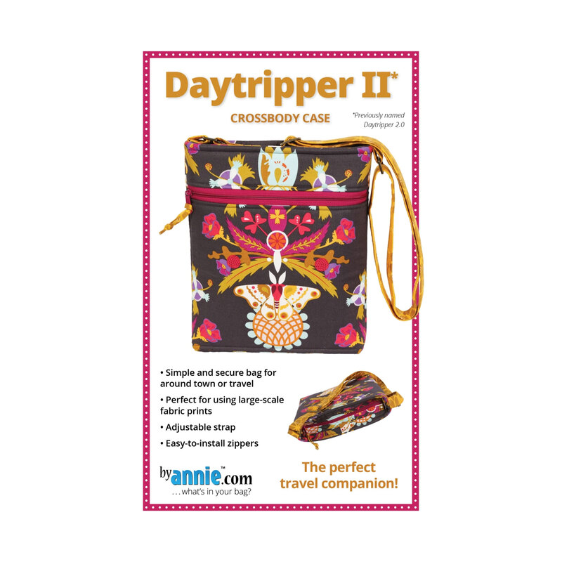 Pattern cover showing a dark floral crossbody case with a top zipper, front zippered pocket, and long adjustable strap.