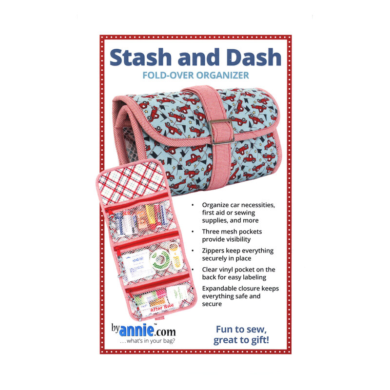 Pattern cover showing a floral fold-over organizer with pink binding and straps, three interior zippered mesh pockets, and a clear vinyl back pocket.