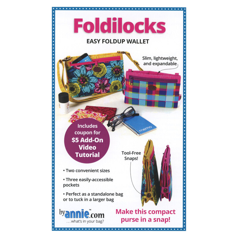 Foldilocks pattern cover showing colorful floral and plaid fold-up wallets with zippered pockets, snap closures, and coordinating wrist straps.