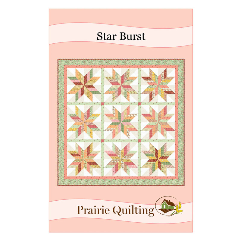 Star Burst quilt pattern cover showing a nine-block geometric quilt in peach, coral, cream, and soft green with coordinating borders.
