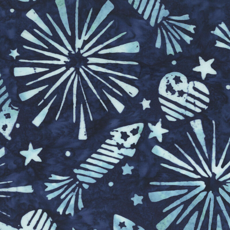 Navy blue batik with light blue fireworks, bursts, and stars.