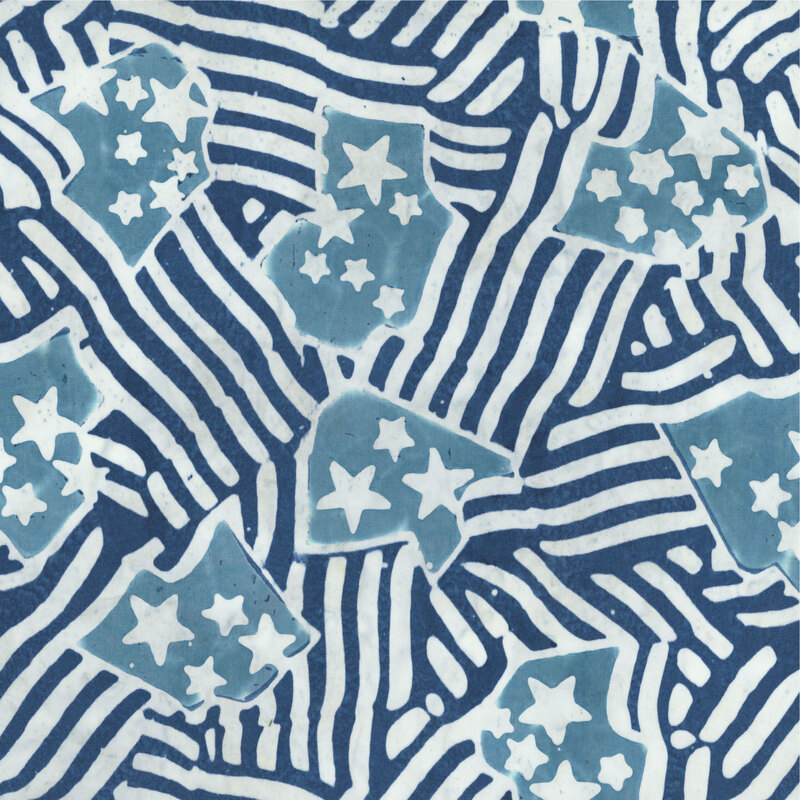 Navy blue batik with a repeating, packed American flag motif in white stripes and stars with pale aqua blue.