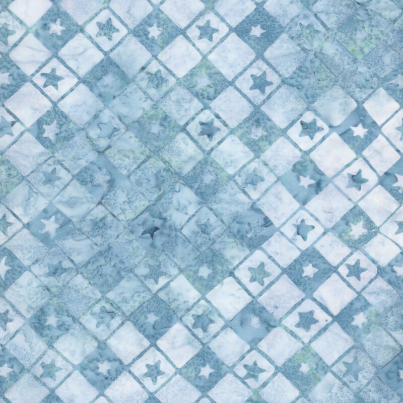 Teal blue batik with a biased checkered design of light blue star blocks.