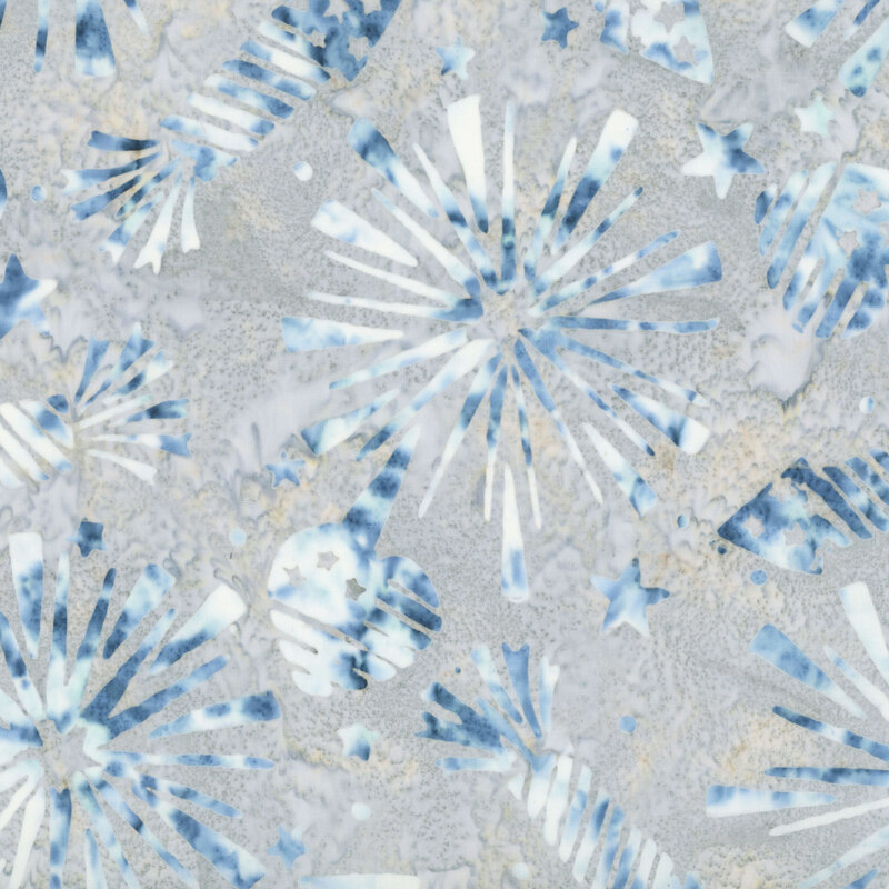 Smoke gray batik with blue and white fireworks, bursts, and stars.