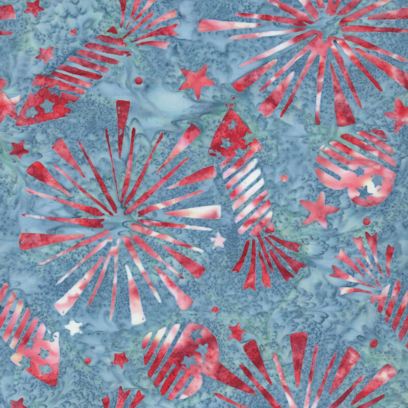 Denim teal batik with red fireworks, bursts, and stars.