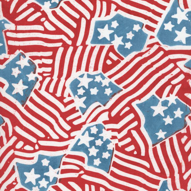 Bright red batik with a repeating, packed American flag motif in white stripes and stars with light teal blue.