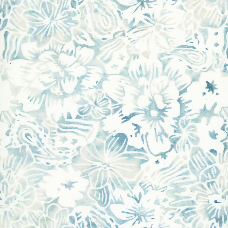 Light aqua and teal batik with a white floral design stamped on top.