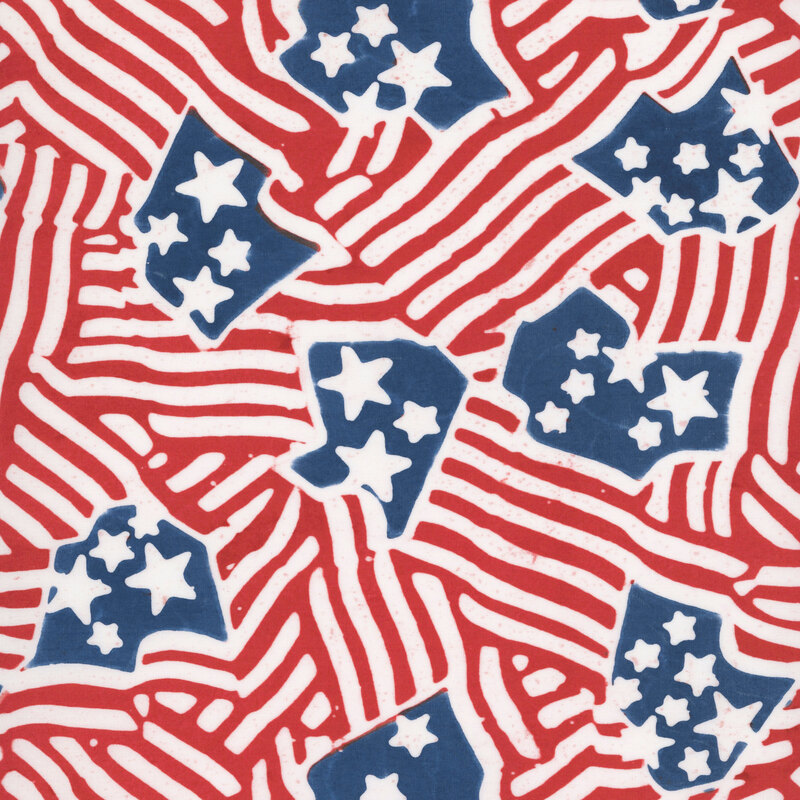 Bright red batik with a repeating, packed American flag motif in white stripes and stars with light teal blue.