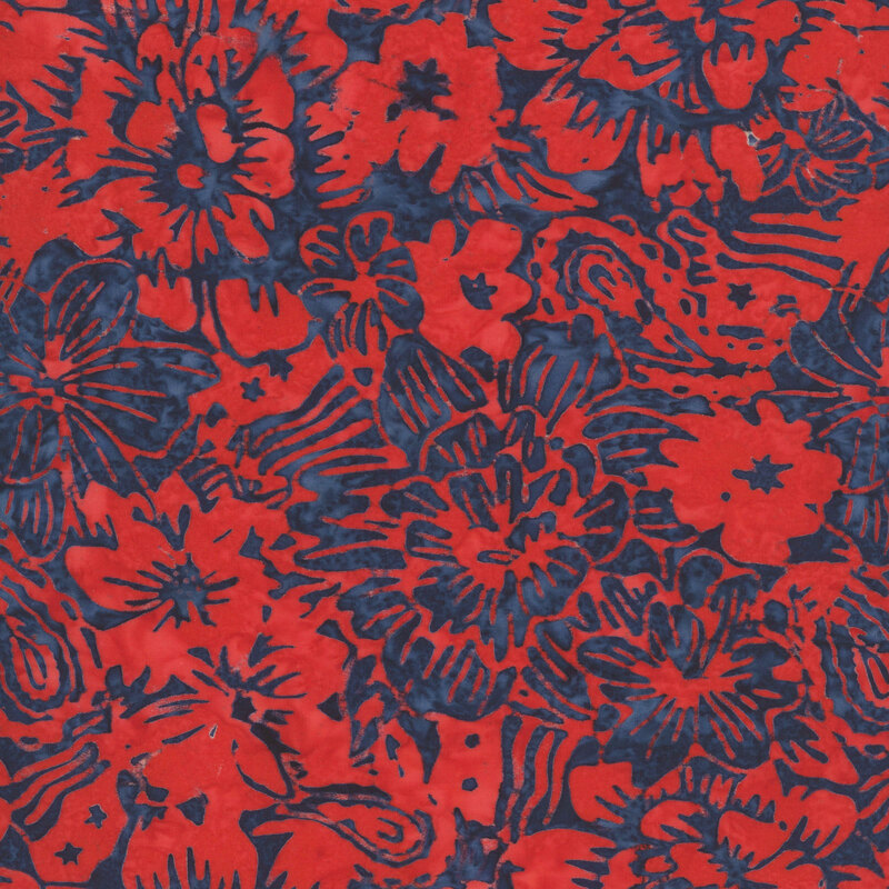 Navy batik with a bright red floral design stamped on top.