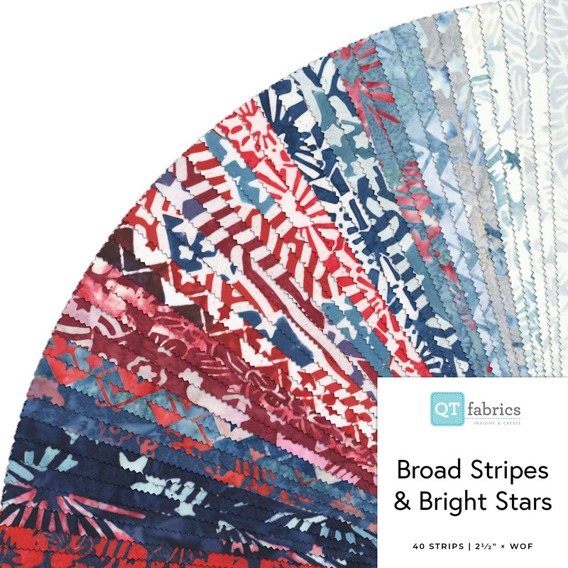 Digital collage of the 2.5" Strip Roll Bundle from the Broad Stripes & Bright Stars fabric collection.