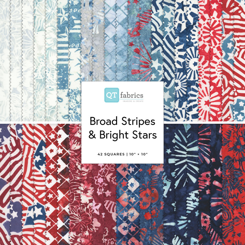 Digital collage of the 10" Square Bundle from the Broad Stripes & Bright Stars fabric collection.