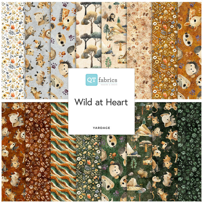 Digital collage of the available yardage fabrics from the Wild at Heart fabric collection.