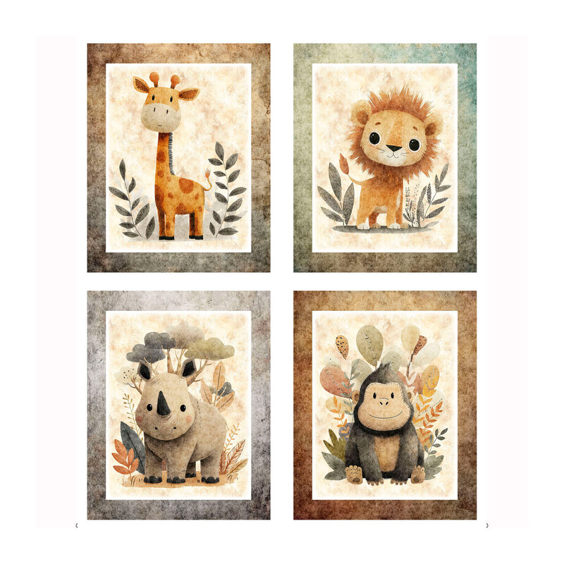 White panel with four earth-toned boxes of illustrated safari animals in front of botanicals.
