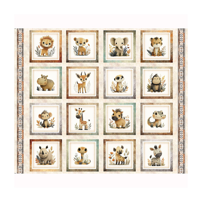Cream fabric panel with 16 different earth-tone boxes of illustrated safari animals.
