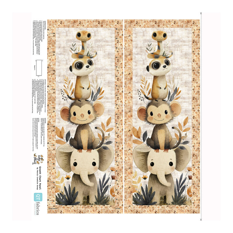 Textured tan and white project panel fabric with a stack of elephants, monkeys, meerkats, and snakes.