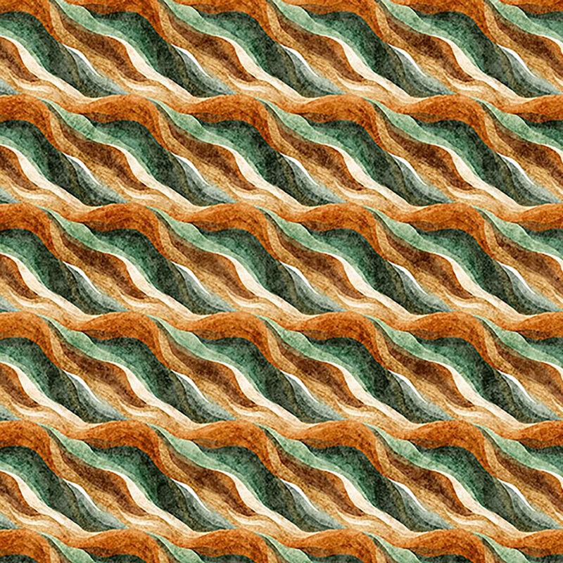 Abstract fabric with mottled, wavy lines of sienna orange and sage green.