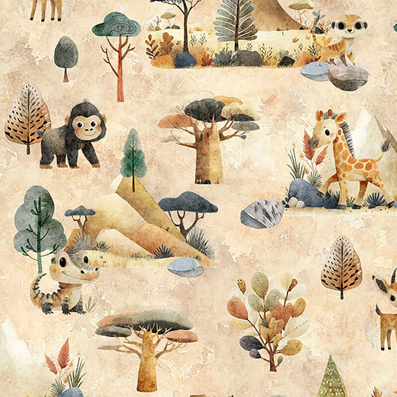 Mottled cream fabric with scattered scenes of safari animals in their habitats spaced by trees, rocks, and wandering animals.