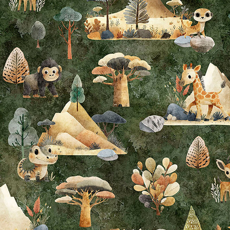 Mottled pine green fabric with scattered scenes of safari animals in their habitats spaced by trees, rocks, and wandering animals.