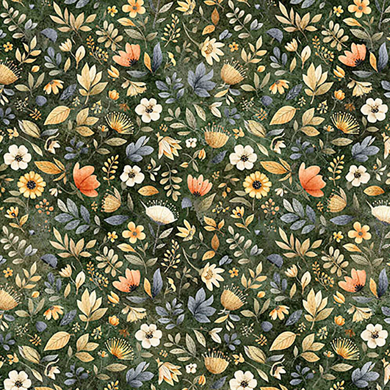 Mottled pine green fabric with a packed design of tossed florals and leaves.