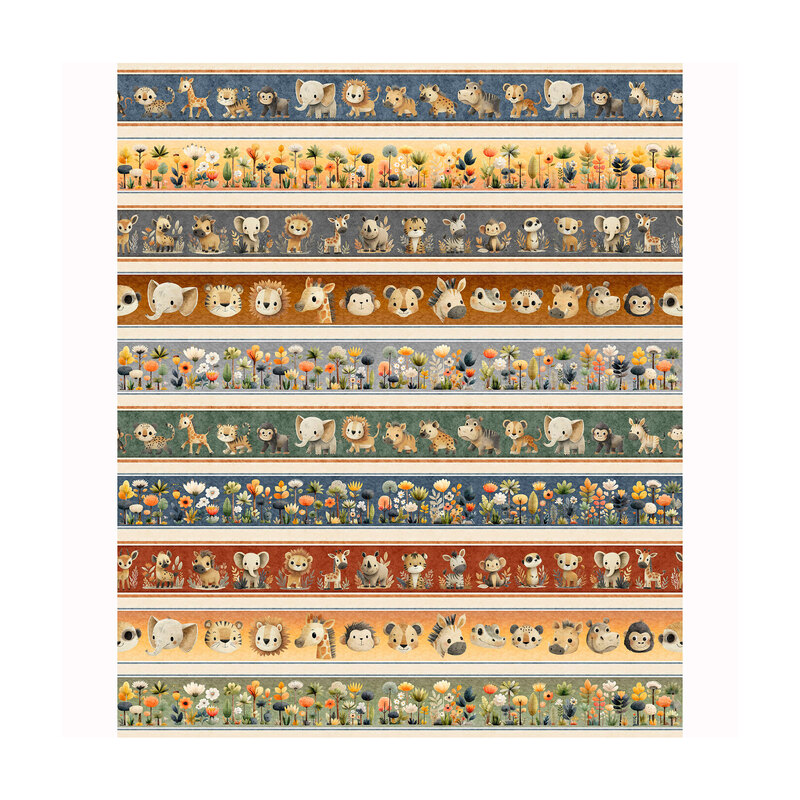 Cream border print fabric with earth-tone stripes of florals and safari animals.