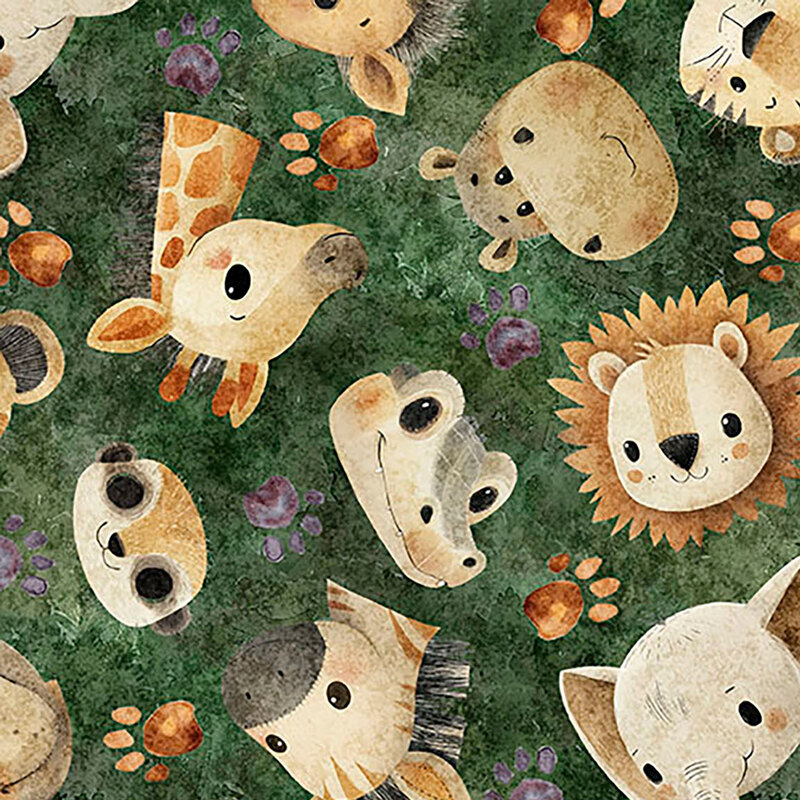 Mottled pine green fabric with a tossed design of safari animal heads with purple and orange paw prints.