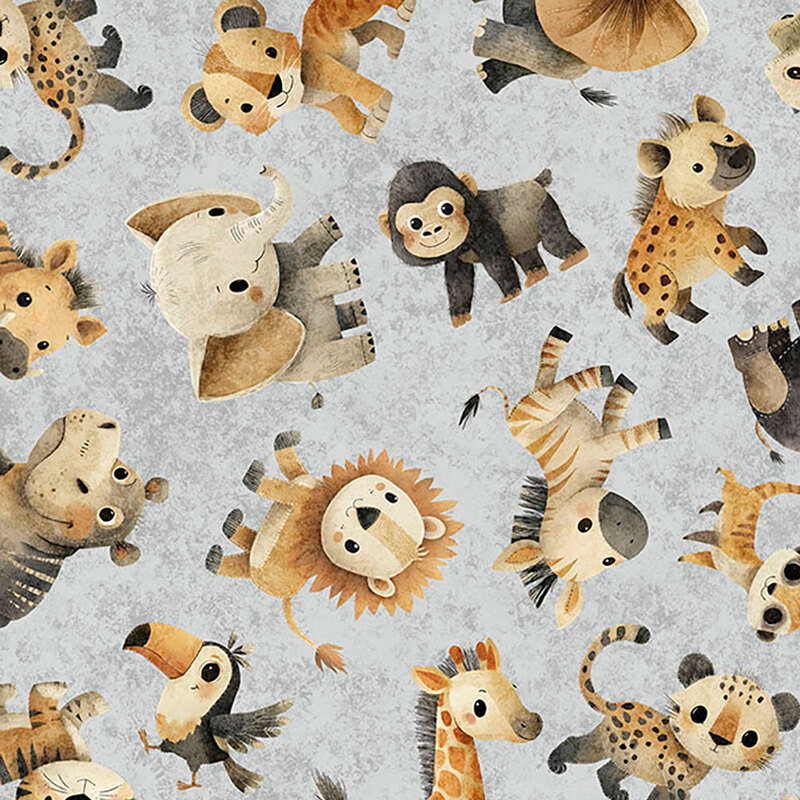 Mottled smoke gray fabric with a tossed design of safari animals.