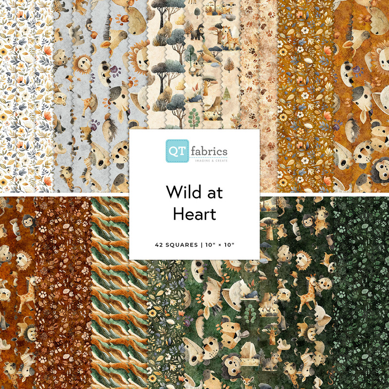 Digital collage of the 10" Layer Cake Bundle from the Wild at Heart fabric collection.