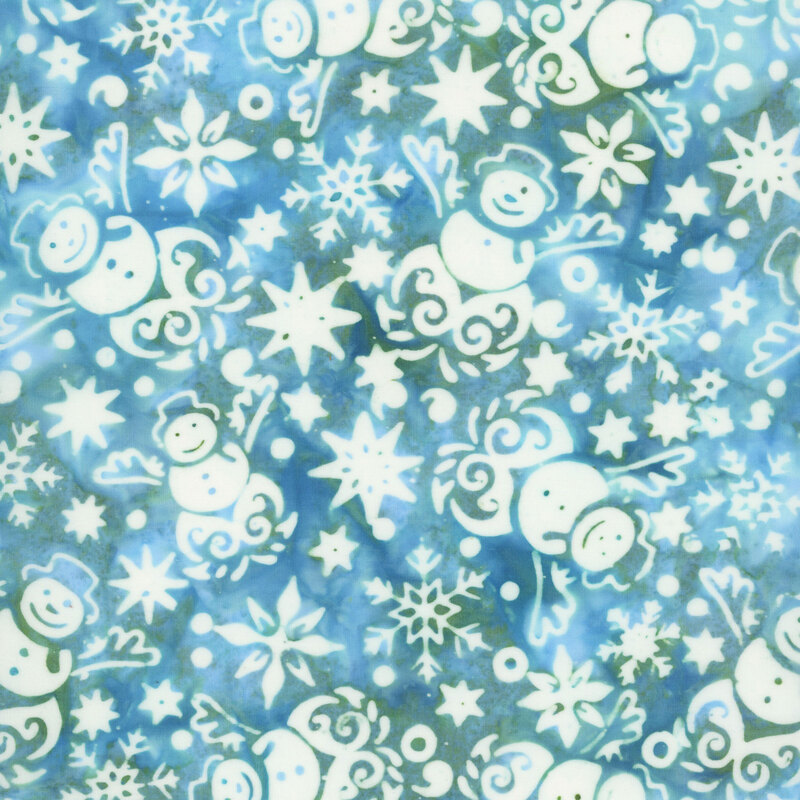 This mottled medium teal batik fabric features white motifs of snowmen, stars and snowflakes. 