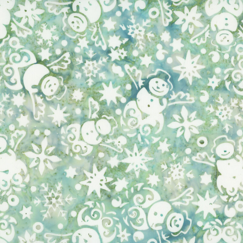 This mottled pale turquoise and cool sage batik fabric features white motifs of snowmen, stars and snowflakes. 