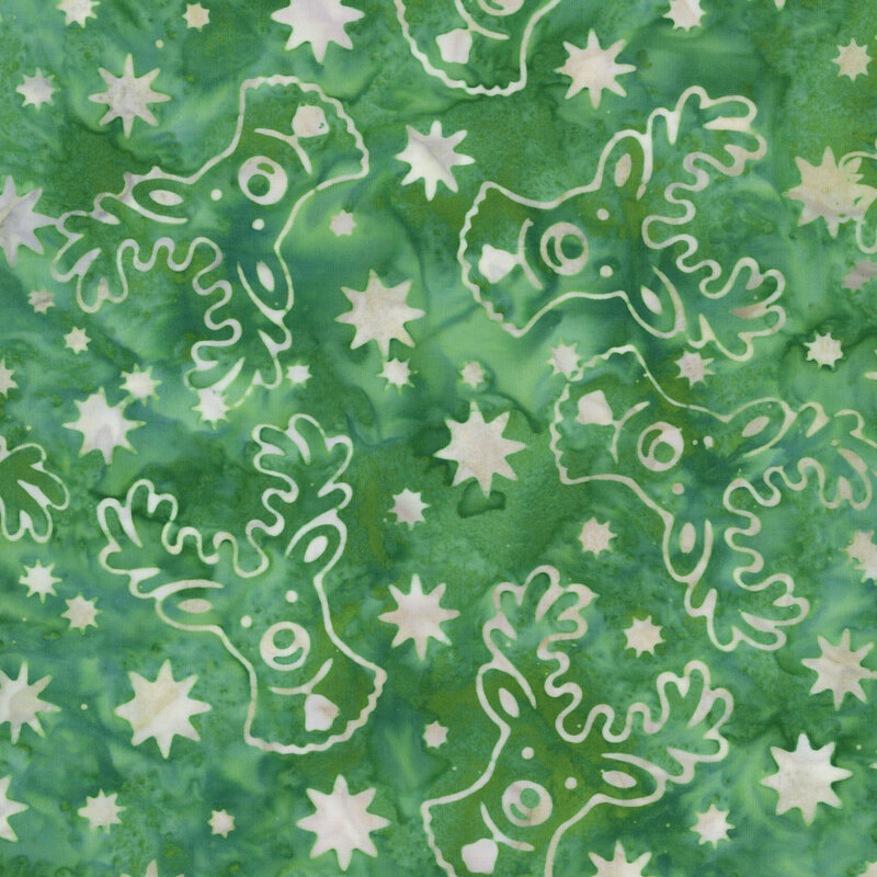 This kelly green batik fabric features tossed white reindeer and stars. 